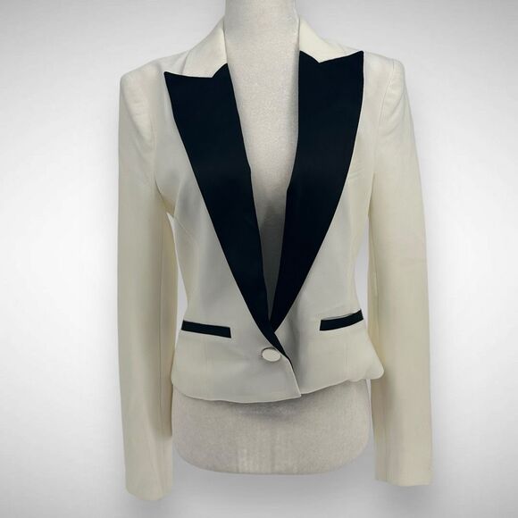 L’AGENCE Scarlet White Colorblock Tuxedo Crop Blazer Jacket Size 2 Satin Lapel - Picture 2 of 13